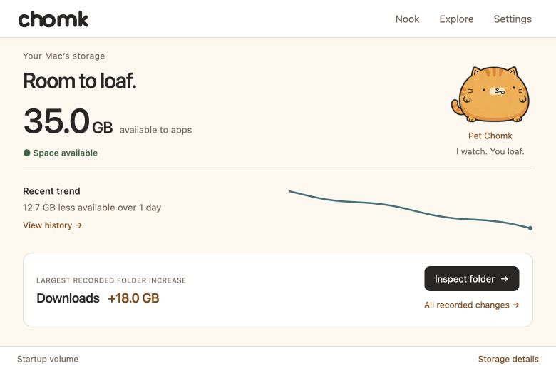 Chomk Home: 35 GB available, a recent storage trend, and Downloads as the largest recorded folder increase at 18 GB